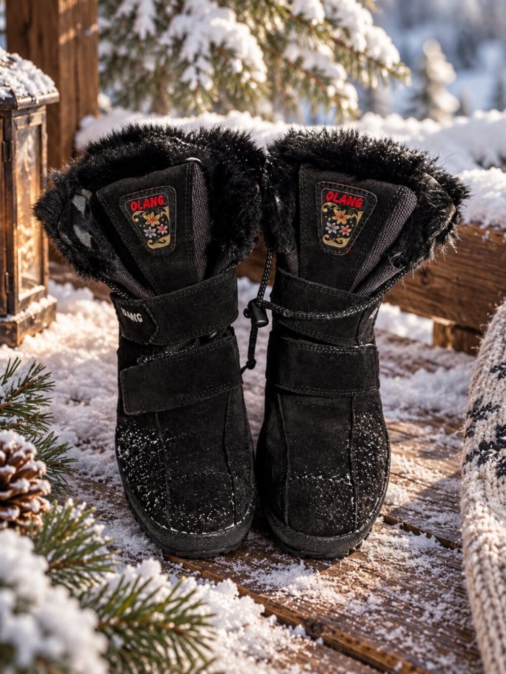 Olang Black Suede Faux Fur Trim Winter Snow Boots Women's